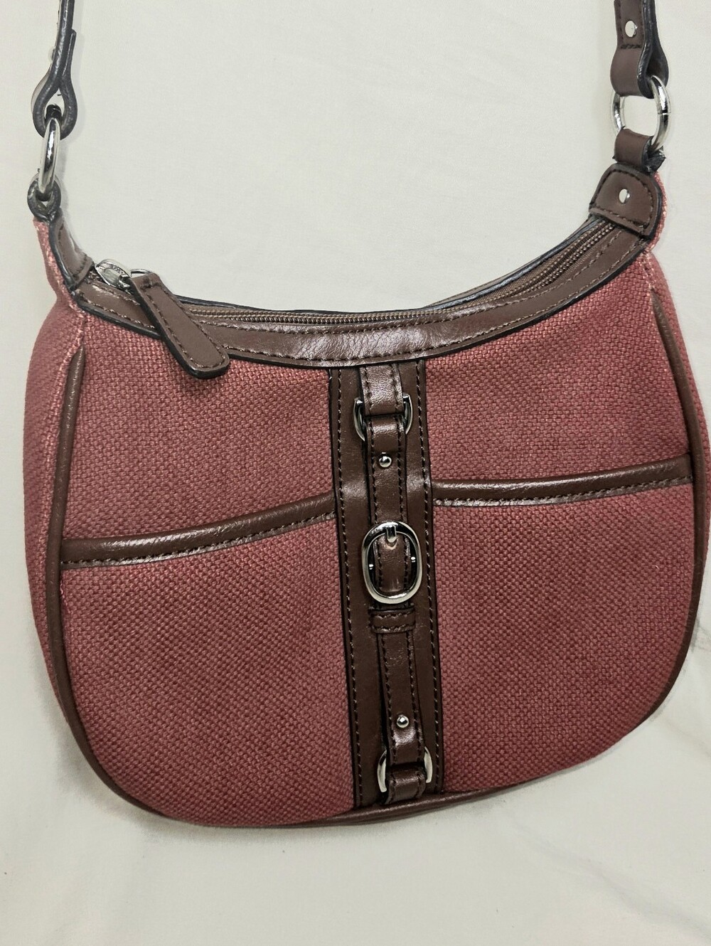 Etienne Aigner Red Canvas Shoulder Bag with Brown Leather Trim